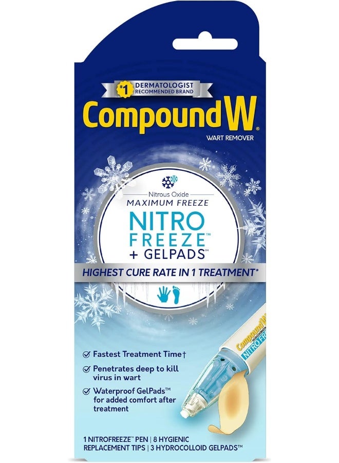Compound W NitroFreeze + GelPads, Wart Removal, 1 Pen, 8 Replaceable Tips & 3 Waterproof Hydrocolloid GelPads - Image 1